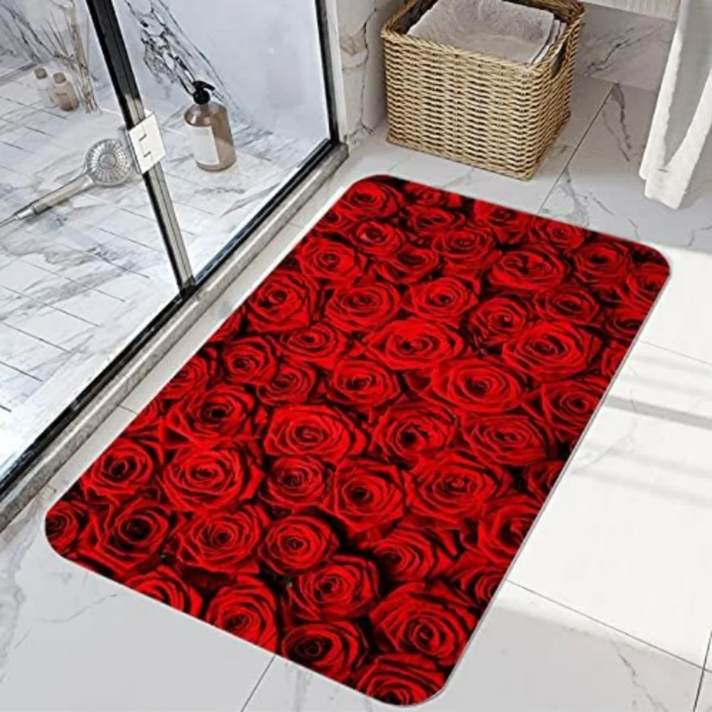 Red Roses Rug Bathroom Bedroom Kitchen Doormat Ruby Rose Flowers Floral Bath Mat